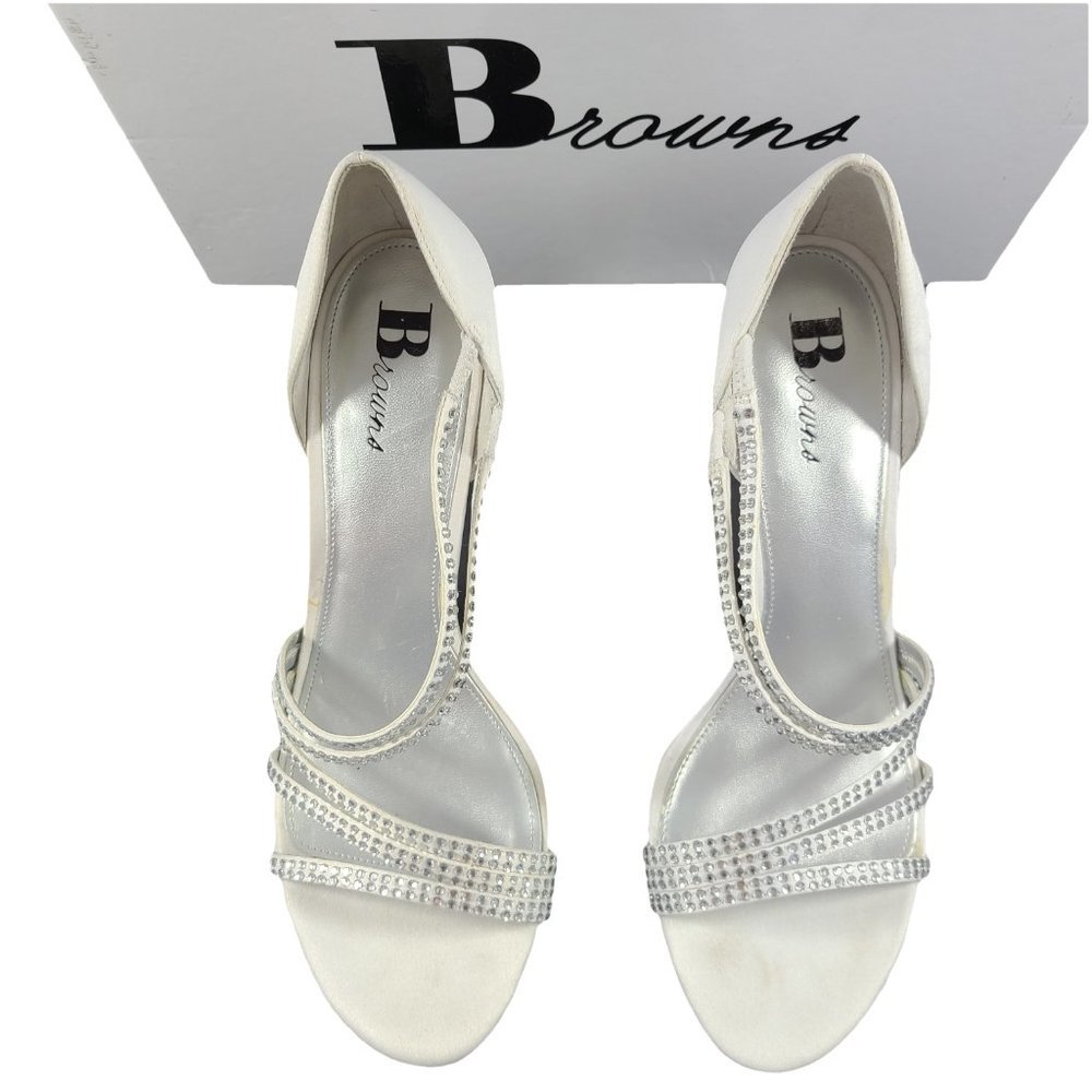 BROWNS White Satin Silver Sparkle Heeled Sandals 7 - Picture 2 of 8